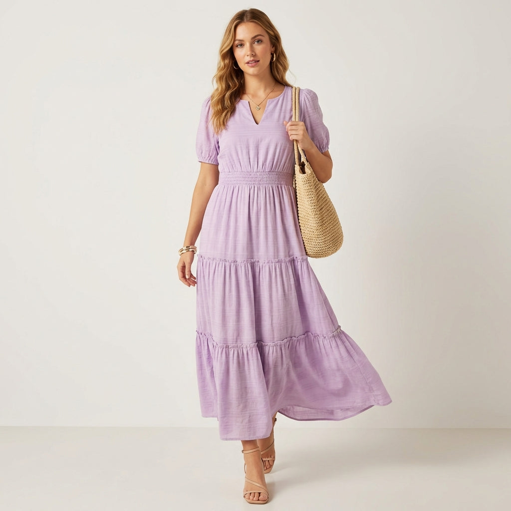 Maxi dress with smocked waist &amp; tiered ruffles | V-neck, butterfly sleeves &amp; pockets | Airy, figure-flattering