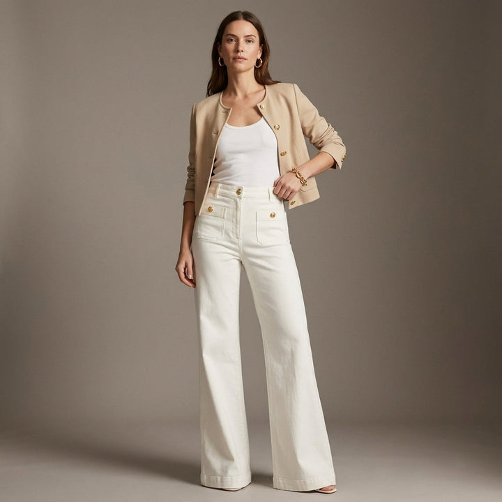 Damen High-Waist Hose mit Stretch-Denim | Figurformend &amp; Beinverlängernd | Weites Bein in voller Länge