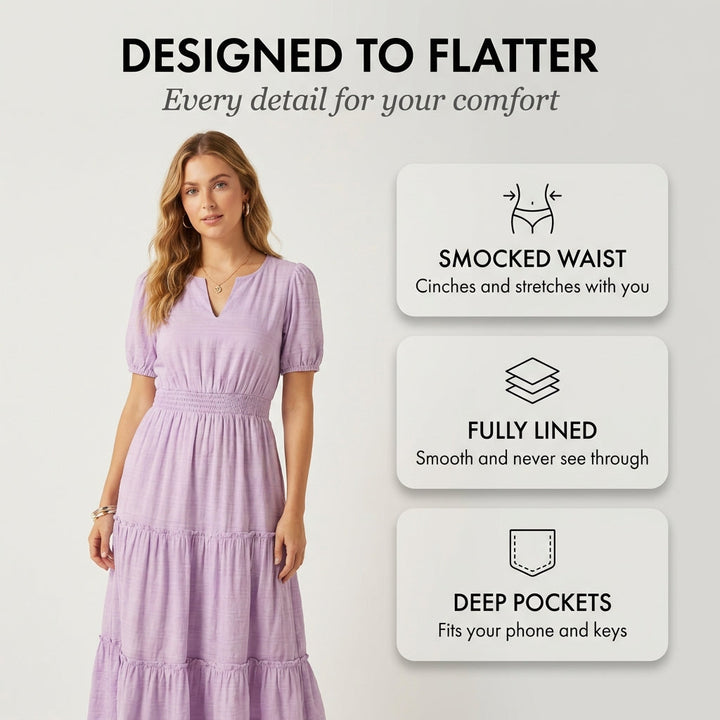 Maxi dress with smocked waist &amp; tiered ruffles | V-neck, butterfly sleeves &amp; pockets | Airy, figure-flattering