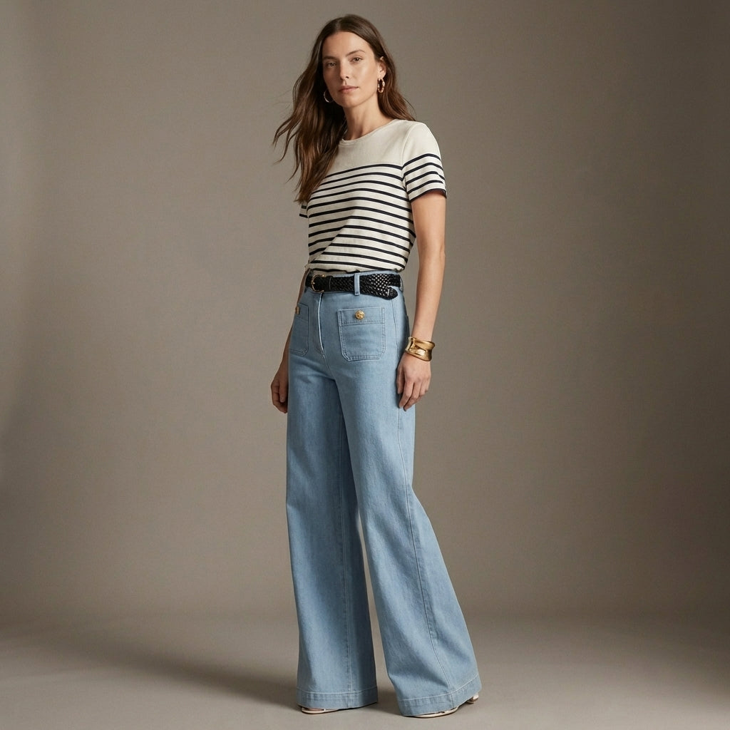 Damen High-Waist Hose mit Stretch-Denim | Figurformend &amp; Beinverlängernd | Weites Bein in voller Länge