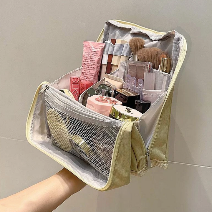 Trousse de toilette de voyage avec compartiments fixes + protège-brosse | Lunette déperlante, intérieur lavable et étanche | Renforcée et plate dans la valise | 23×7×20 cm