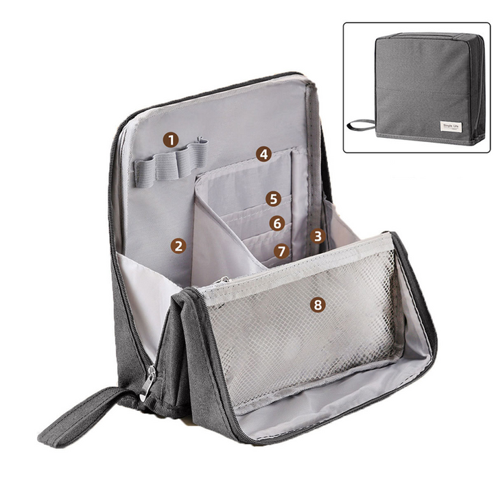 Trousse de toilette de voyage avec compartiments fixes + protège-brosse | Lunette déperlante, intérieur lavable et étanche | Renforcée et plate dans la valise | 23×7×20 cm