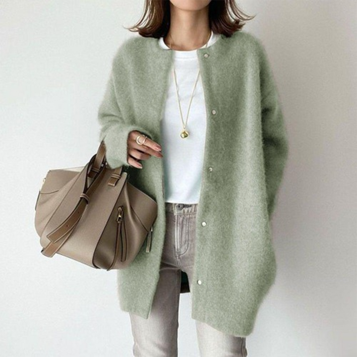 Damen Longcardigan aus weichem Acrylstrick | Lange Strickjacke mit Rundhalsausschnitt und Seitentaschen für Büro und Alltag