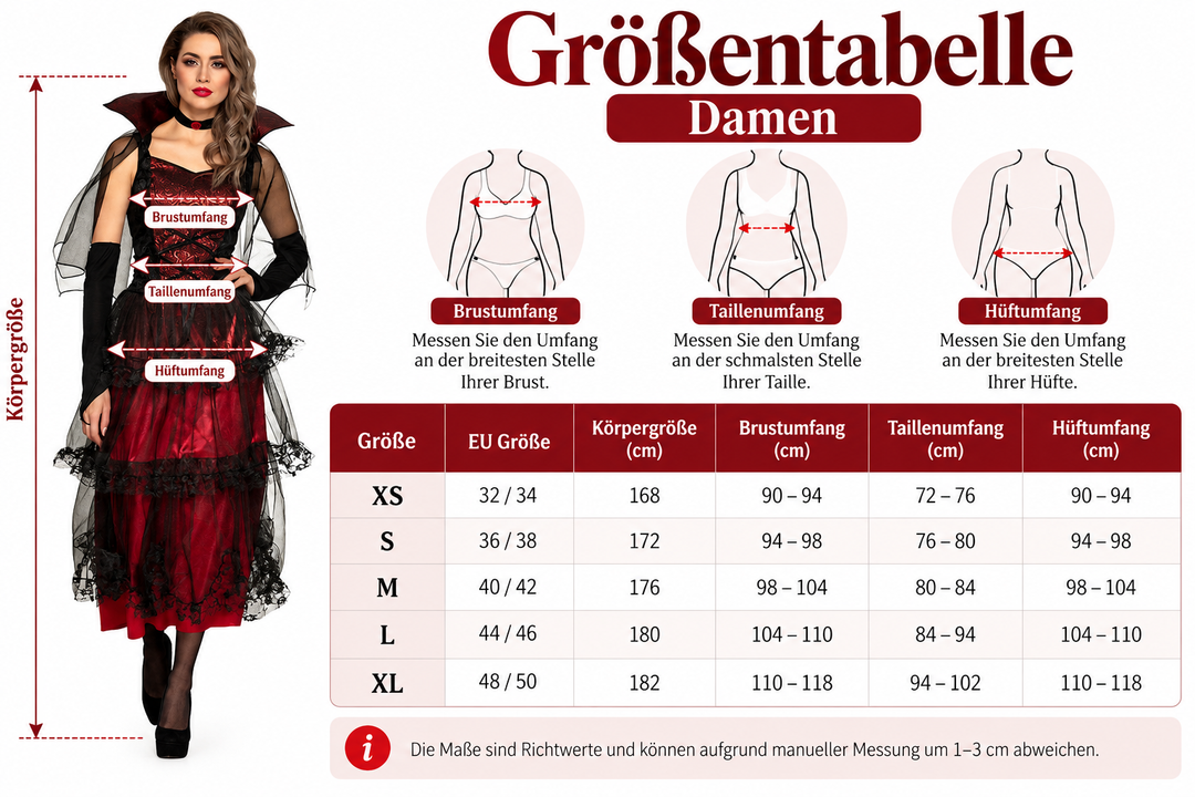 Vampir Kostüm Damen | Rotes Halloween-Kostüm mit Kleid, Umhang, Halsband und Armteilen für Halloween-Partys