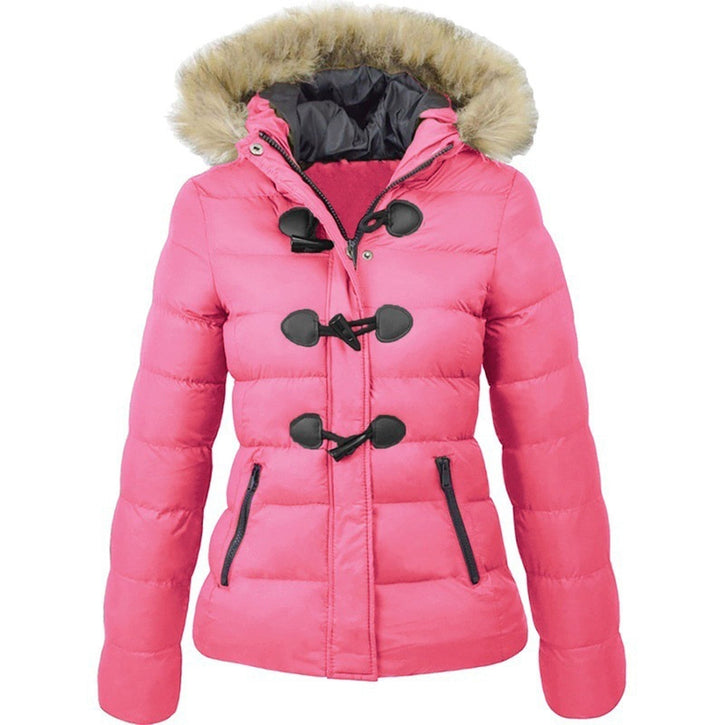 Damen Steppjacke mit Kunstfellkapuze | Warm gefütterte Winterjacke mit Knebelknöpfen, hohem Kragen und taillierter Passform