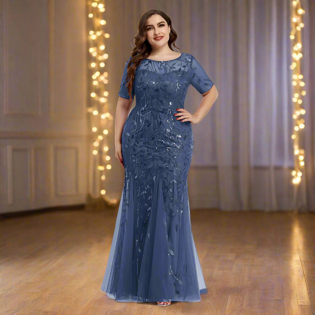 Damen Abendkleid in großen Größen | Elegantes Paillettenkleid mit Mesh-Stickerei und Meerjungfrau-Schnitt für festliche Anlässe