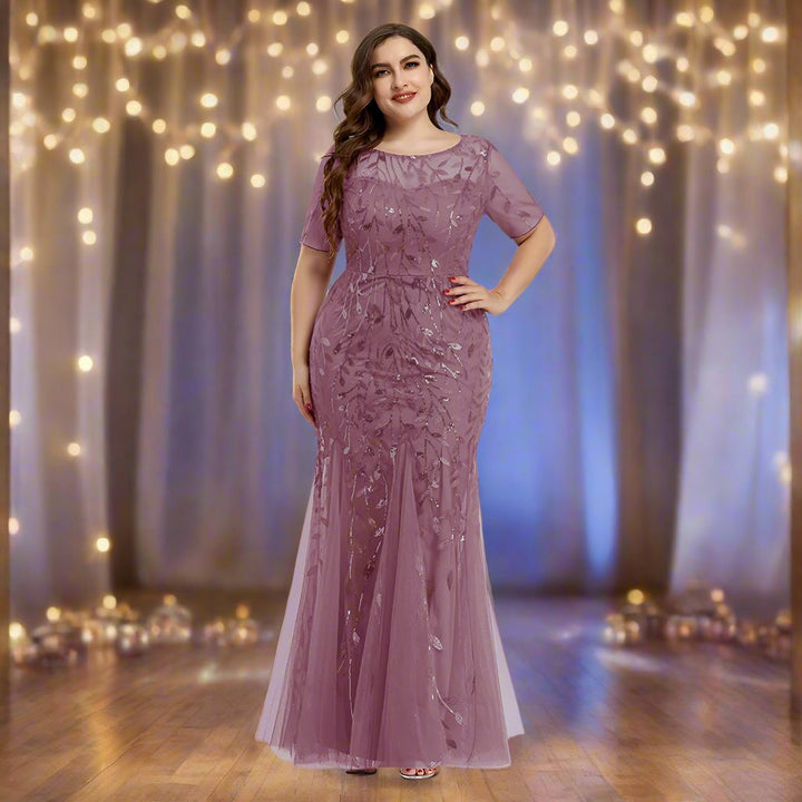 Damen Abendkleid in großen Größen | Elegantes Paillettenkleid mit Mesh-Stickerei und Meerjungfrau-Schnitt für festliche Anlässe