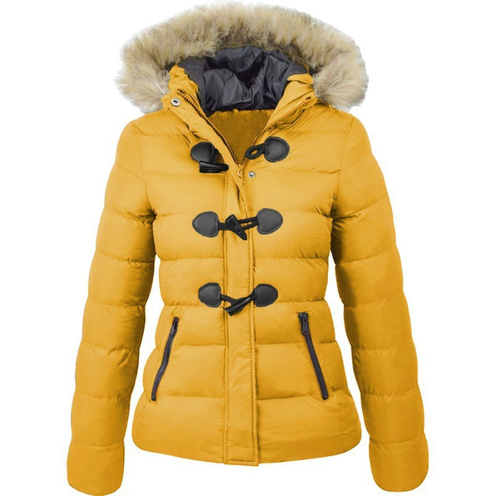 Damen Steppjacke mit Kunstfellkapuze | Warm gefütterte Winterjacke mit Knebelknöpfen, hohem Kragen und taillierter Passform