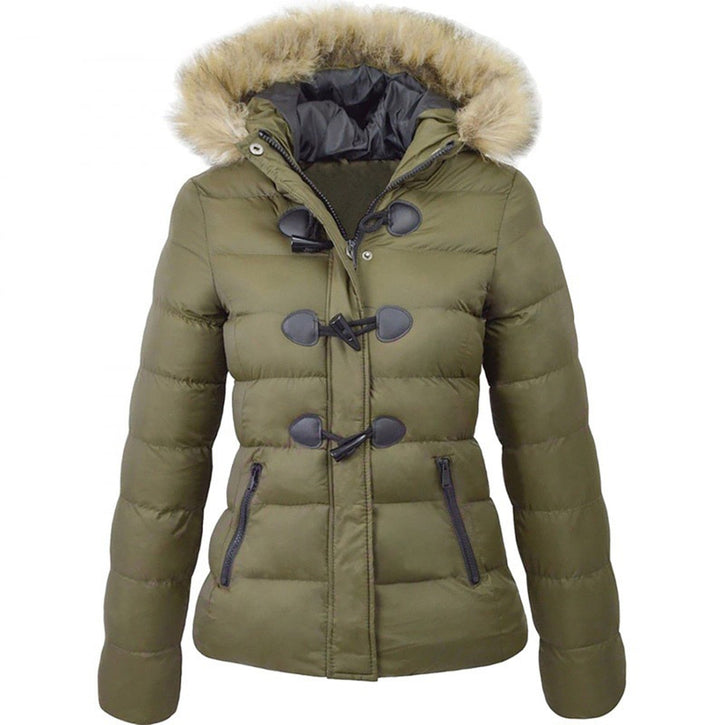 Damen Steppjacke mit Kunstfellkapuze | Warm gefütterte Winterjacke mit Knebelknöpfen, hohem Kragen und taillierter Passform