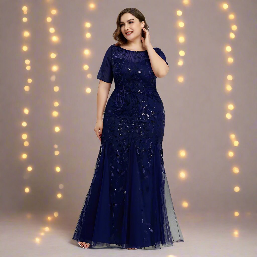 Damen Abendkleid in großen Größen | Elegantes Paillettenkleid mit Mesh-Stickerei und Meerjungfrau-Schnitt für festliche Anlässe