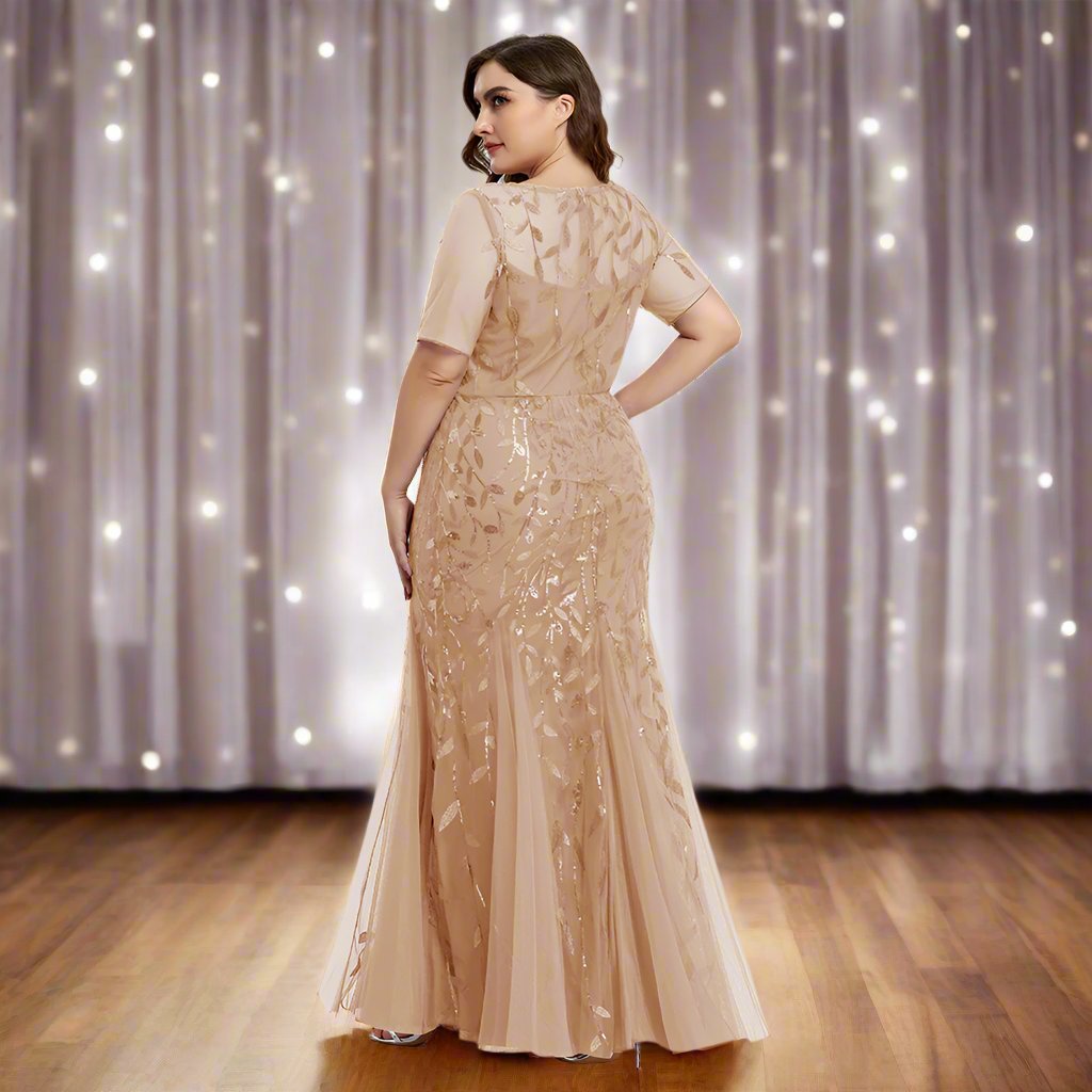 Damen Abendkleid in großen Größen | Elegantes Paillettenkleid mit Mesh-Stickerei und Meerjungfrau-Schnitt für festliche Anlässe