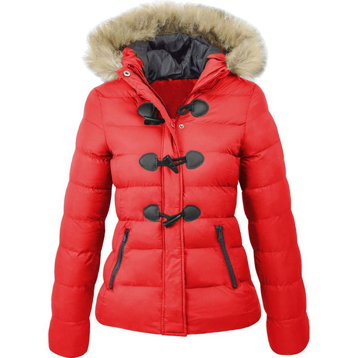 Damen Steppjacke mit Kunstfellkapuze | Warm gefütterte Winterjacke mit Knebelknöpfen, hohem Kragen und taillierter Passform