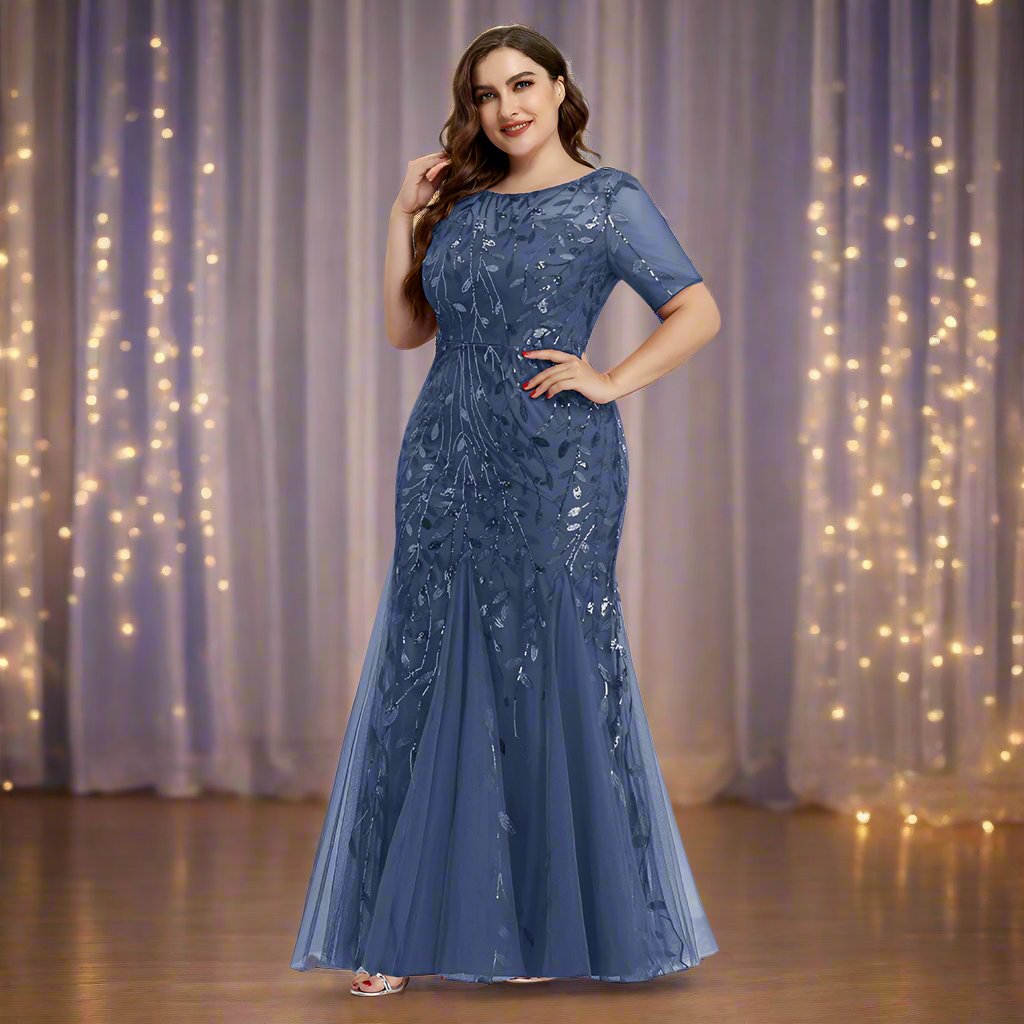 Damen Abendkleid in großen Größen | Elegantes Paillettenkleid mit Mesh-Stickerei und Meerjungfrau-Schnitt für festliche Anlässe