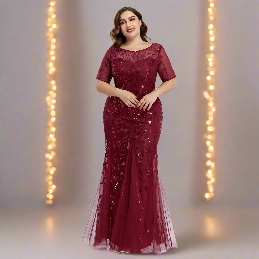 Damen Abendkleid in großen Größen | Elegantes Paillettenkleid mit Mesh-Stickerei und Meerjungfrau-Schnitt für festliche Anlässe