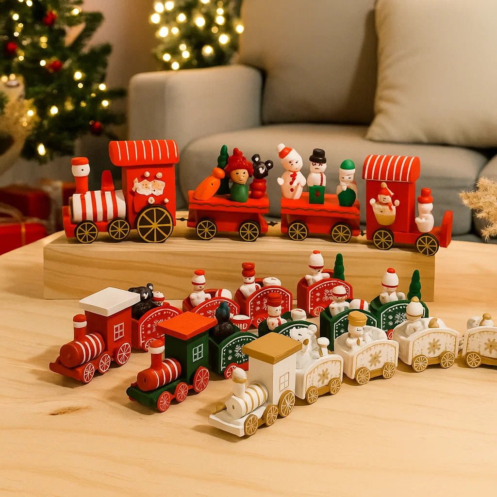 Weihnachtseisenbahn | Dekorativer Weihnachtszug mit Figuren, farbenfrohen Waggons und nostalgischem Design als festliche Tischdekoration