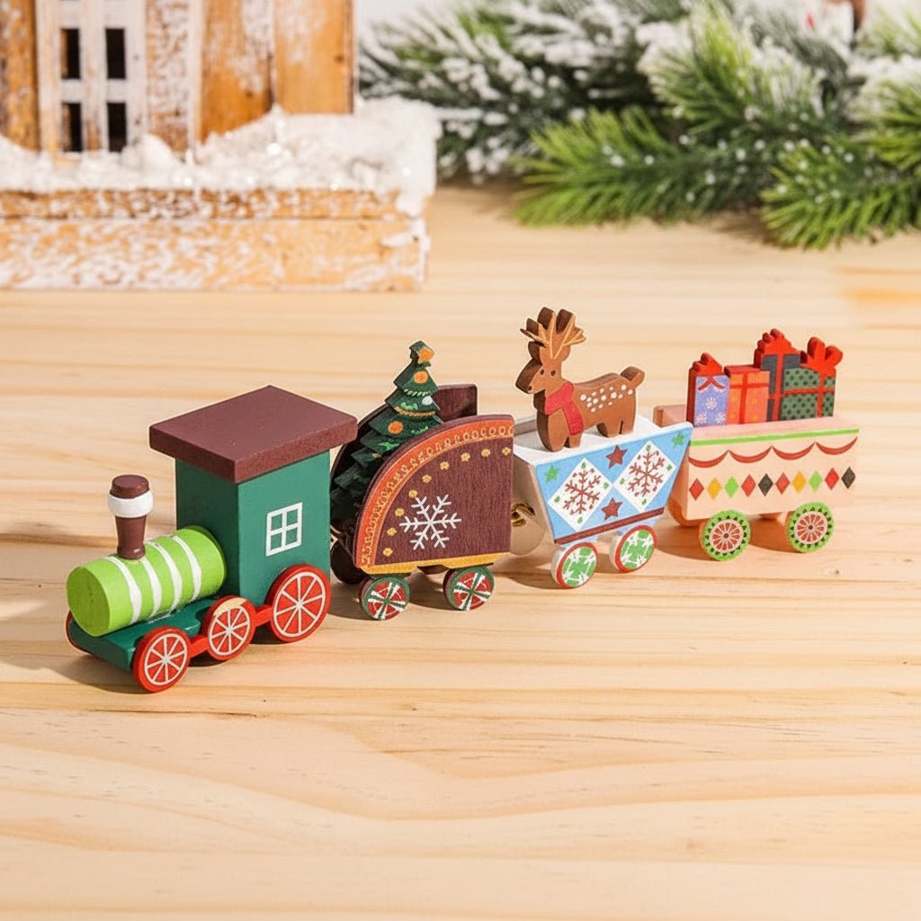 Weihnachtseisenbahn | Dekorativer Weihnachtszug mit Figuren, farbenfrohen Waggons und nostalgischem Design als festliche Tischdekoration