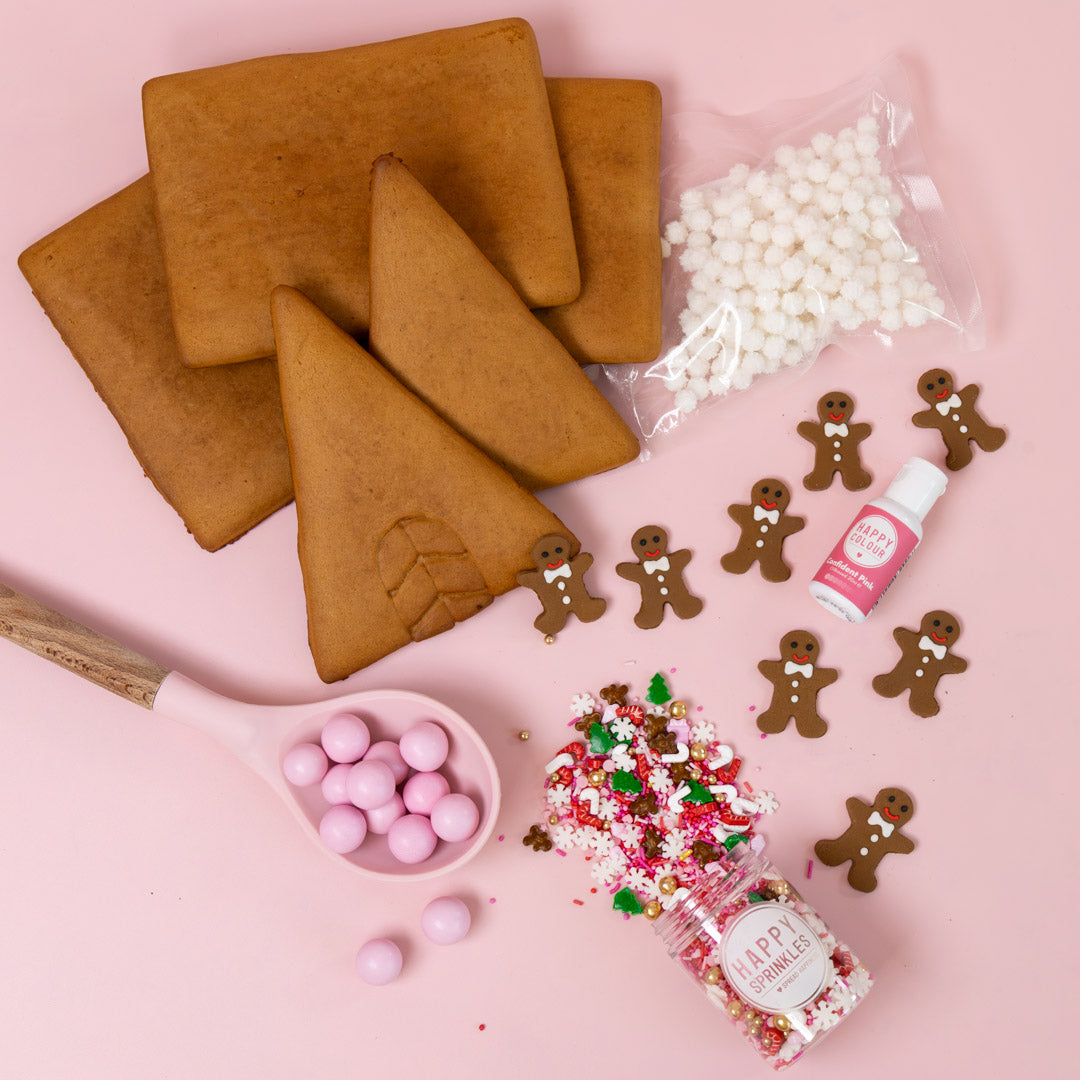 Lebkuchenhaus Backset mit fertigen Lebkuchenteilen | Weihnachts Bauset mit bunten Streuseln, Zuckerdekoration und Spritzbeuteln