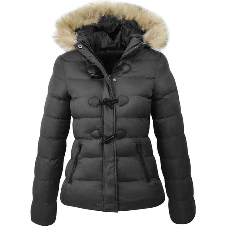 Damen Steppjacke mit Kunstfellkapuze | Warm gefütterte Winterjacke mit Knebelknöpfen, hohem Kragen und taillierter Passform