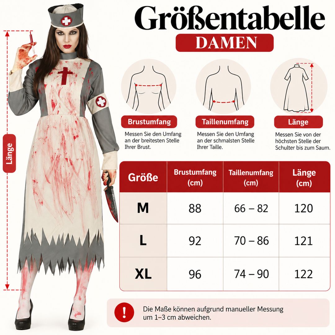 Damen Krankenschwester Kostüm Grau Weiß | Blutiges Halloween Kostüm mit Kleid und Haube für Horrorparty und Mottoparty