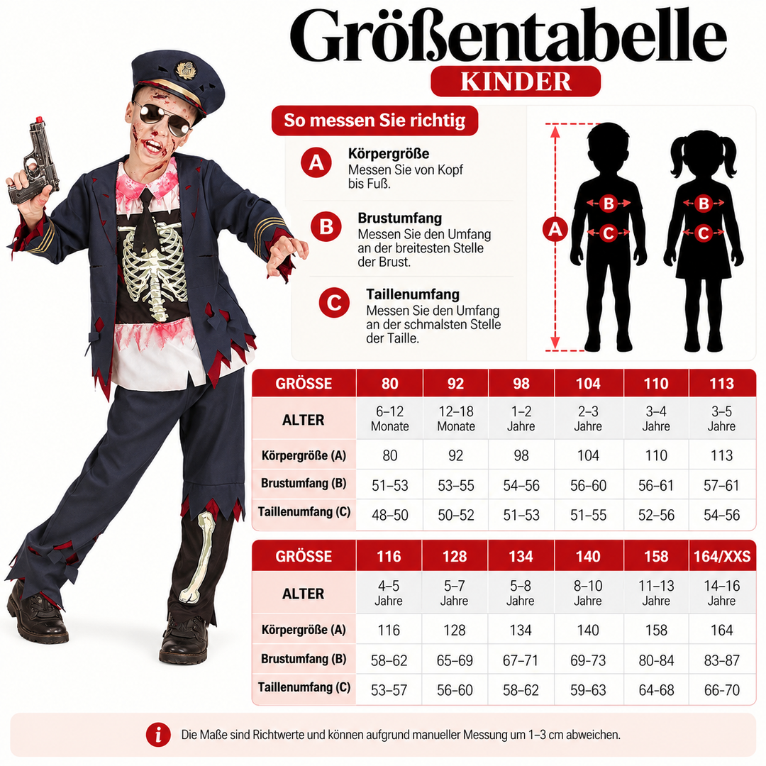 Zombie Polizei Kostüm Jungen | Halloween-Kostüm mit Hose, Jacke, Bluse und Mütze für Halloween- und Mottopartys