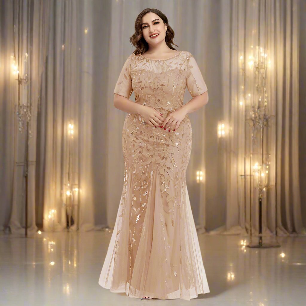 Damen Abendkleid in großen Größen | Elegantes Paillettenkleid mit Mesh-Stickerei und Meerjungfrau-Schnitt für festliche Anlässe