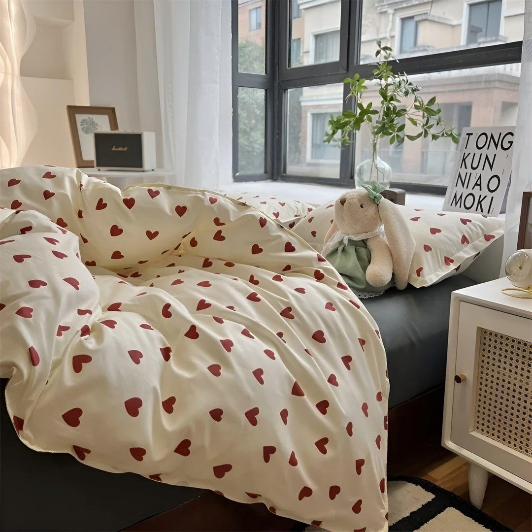 Bettwäsche-Set mit Herzmotiv | Bettbezug aus 100 % Baumwolle mit Reißverschluss für Einzel- und Doppelbett | Waschbar bei 40 °C