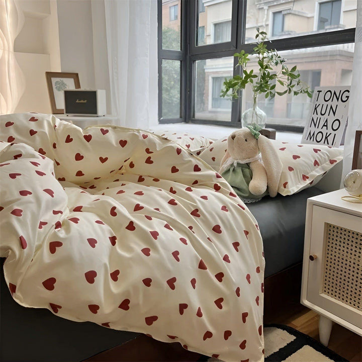 Bettwäsche-Set mit Herzmotiv | Bettbezug aus 100 % Baumwolle mit Reißverschluss für Einzel- und Doppelbett | Waschbar bei 40 °C