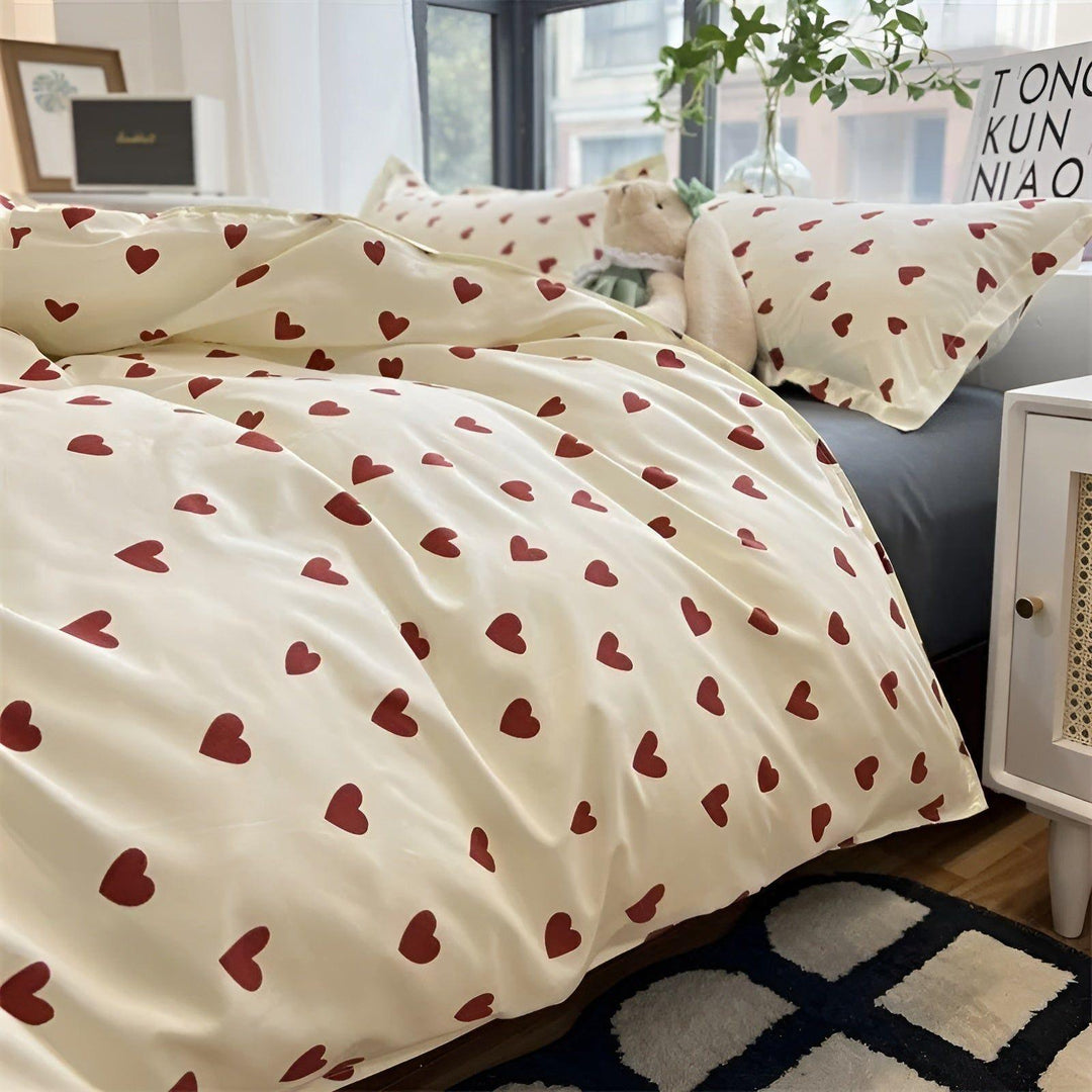 Bettwäsche-Set mit Herzmotiv | Bettbezug aus 100 % Baumwolle mit Reißverschluss für Einzel- und Doppelbett | Waschbar bei 40 °C