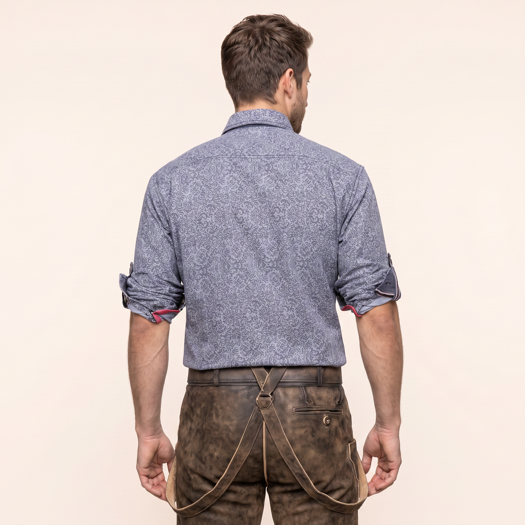 Herren Trachtenhemd Blau | Langarm Hemd mit Floralmuster, Hirschhornknöpfen und Krempellaschen