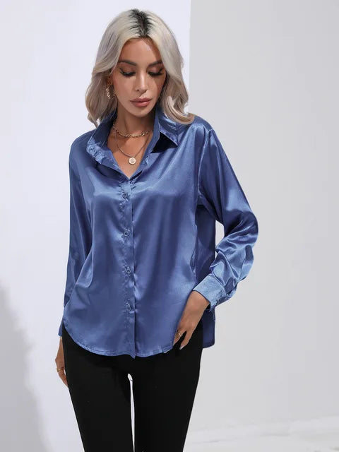 Damen Satinbluse mit Knopfleiste | Elegante Langarmbluse mit seidigem Glanz und bequemem Schnitt für Büro und besondere Anlässe