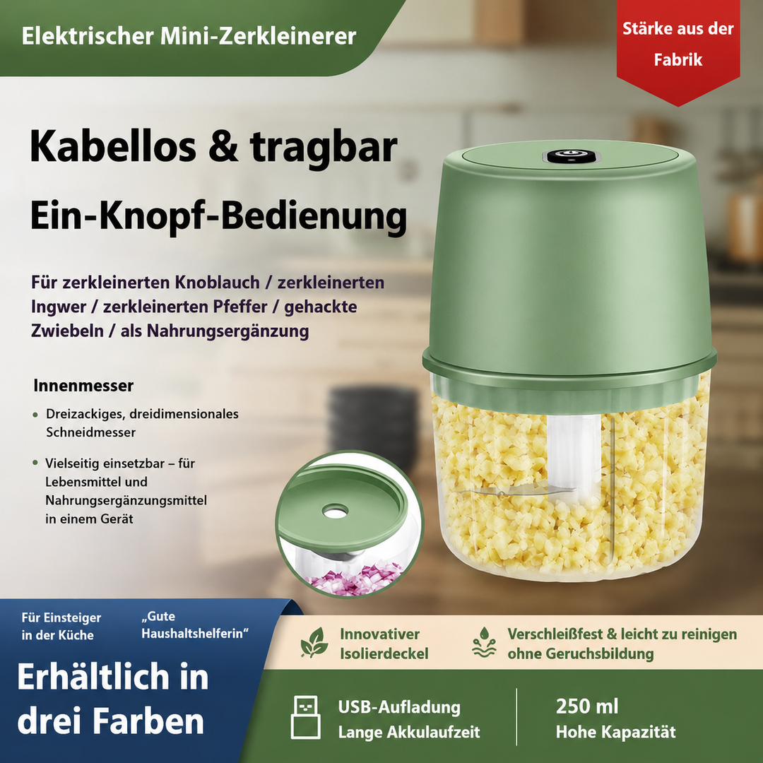 Elektrischer Mini-Zerkleinerer 250 ml | Kabelloser Knoblauch- und Gemüsehacker mit Edelstahlklingen und USB-Ladefunktion