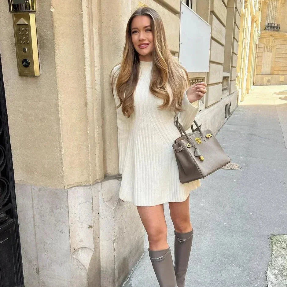 Damen Rippstrickkleid mit langen Ärmeln | Figurbetontes Midikleid mit Rundhalsausschnitt, weichem Stretch und bequemer Passform