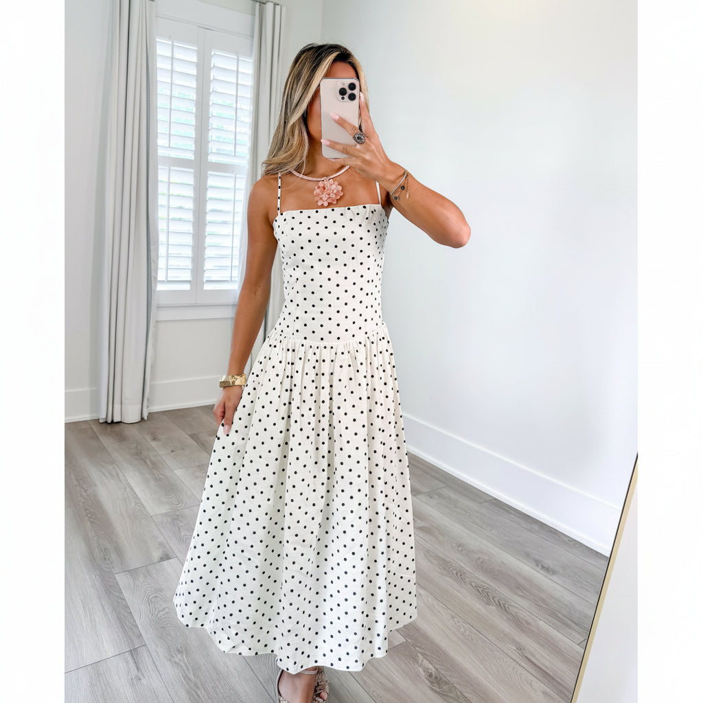 Damen Midikleid mit Polka Dots | Schwarz-Weißes A-Linien Kleid | Spaghettiträger | Retro Sommerkleid