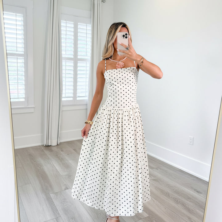 Damen Midikleid mit Polka Dots | Schwarz-Weißes A-Linien Kleid | Spaghettiträger | Retro Sommerkleid