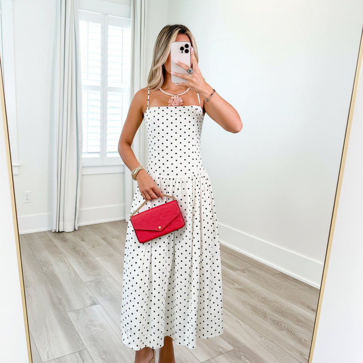 Damen Midikleid mit Polka Dots | Schwarz-Weißes A-Linien Kleid | Spaghettiträger | Retro Sommerkleid