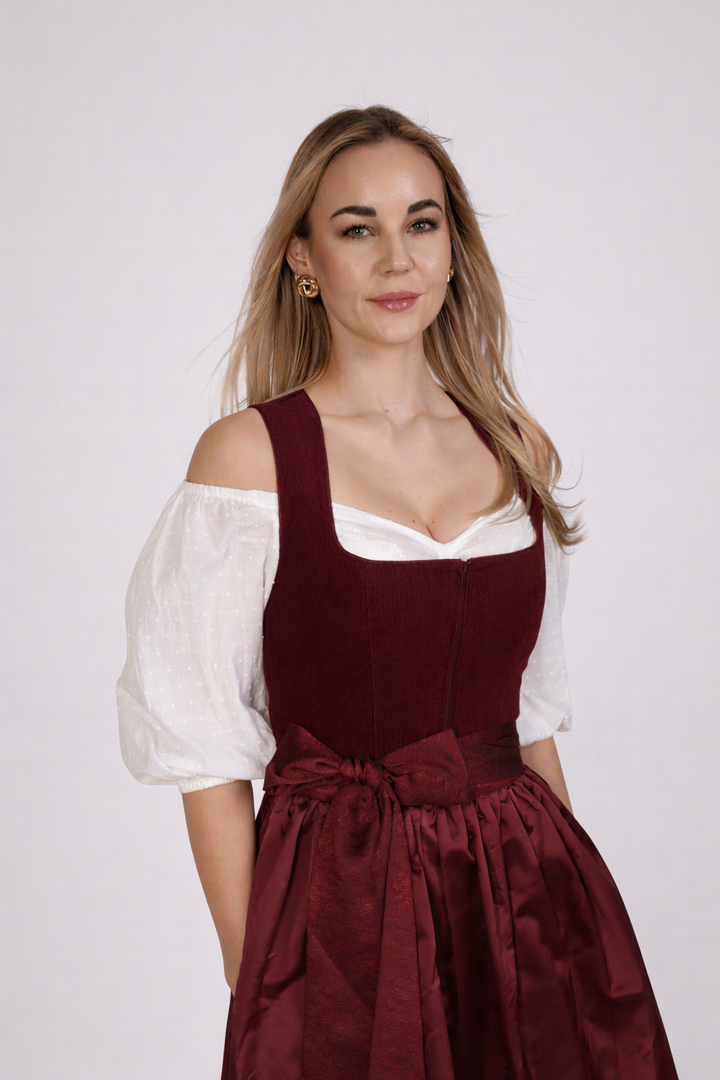 Dirndl Midi Damen | Cord-Dirndl mit 70 cm Rocklänge und figurbetontem Mieder für Oktoberfest und festliche Anlässe