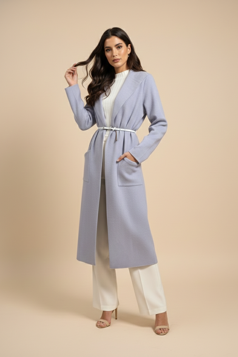 Damen Mantel mit Cape-Kragen | Langer Übergangsmantel mit offenen Front | Eleganter Longline-Mantel
