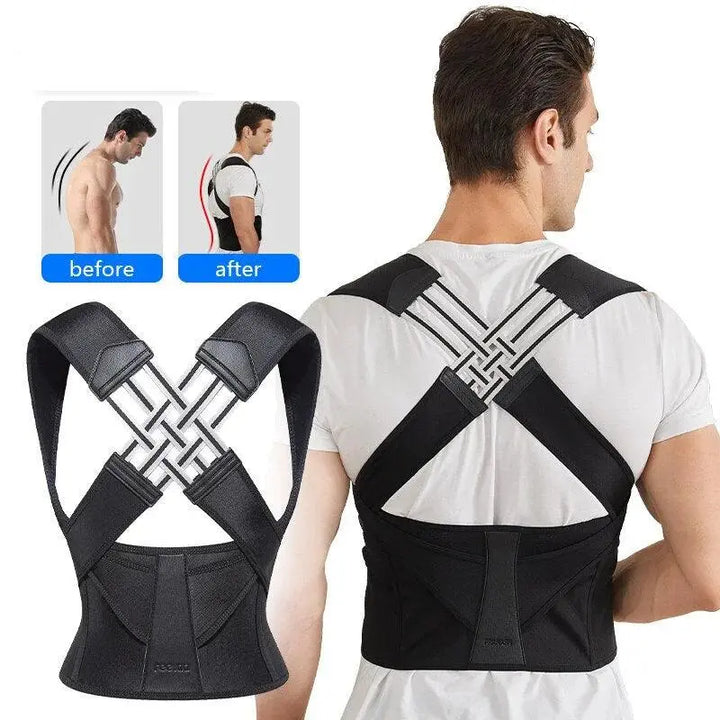 Adjustable back support belt for better posture | Double cross straps for secure fit | Everyday &amp; office | Black S–XXL