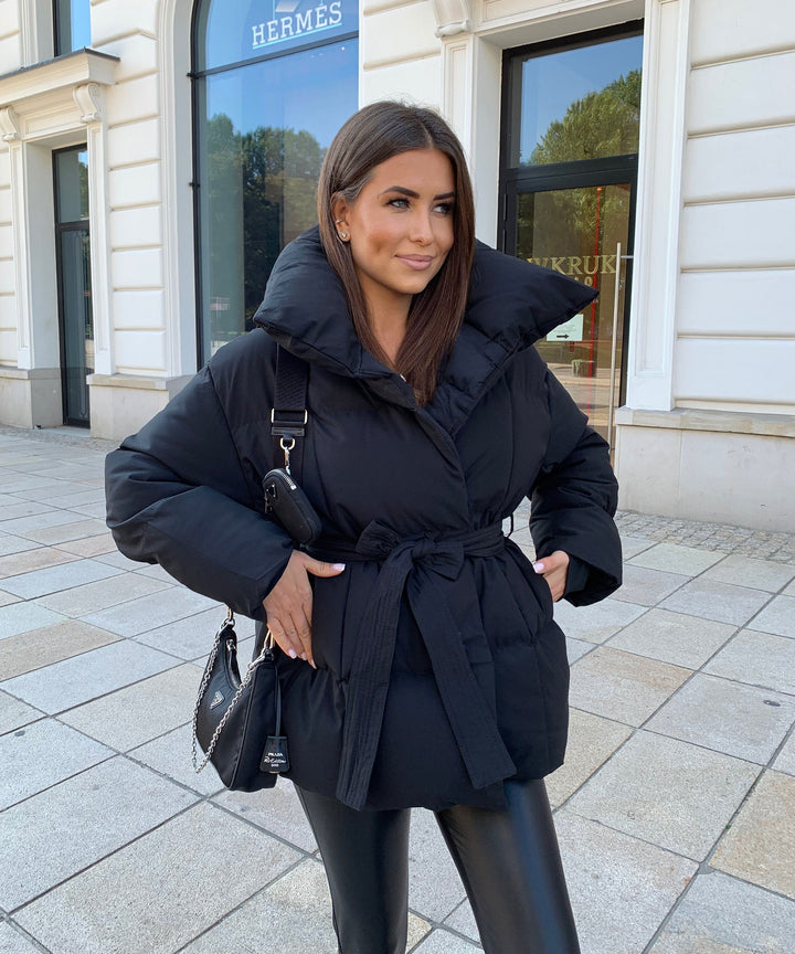 Damen Winterjacke | Kurze Steppjacke mit Gürtel &amp; warmem Futter