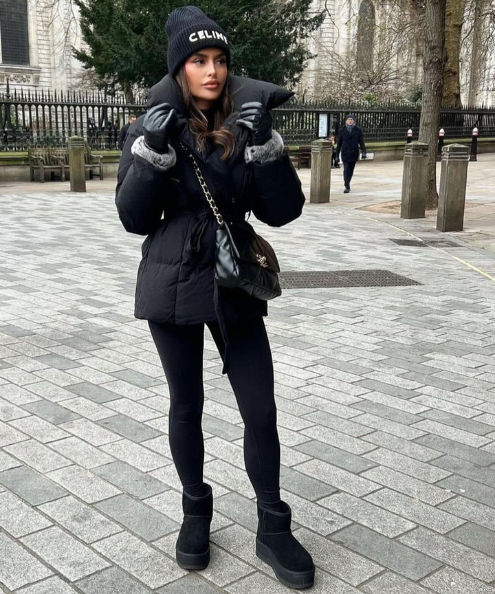 Damen Winterjacke | Kurze Steppjacke mit Gürtel &amp; warmem Futter