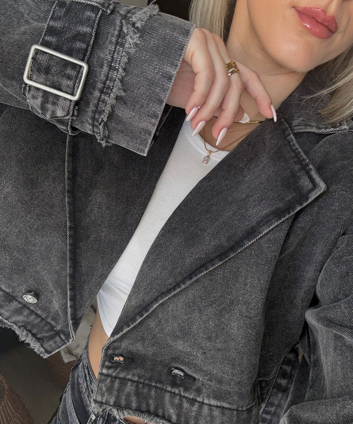 Damen Jeansjacke | Kurz geschnittene Trenchjacke aus 100% Baumwolle mit elastischem Bund