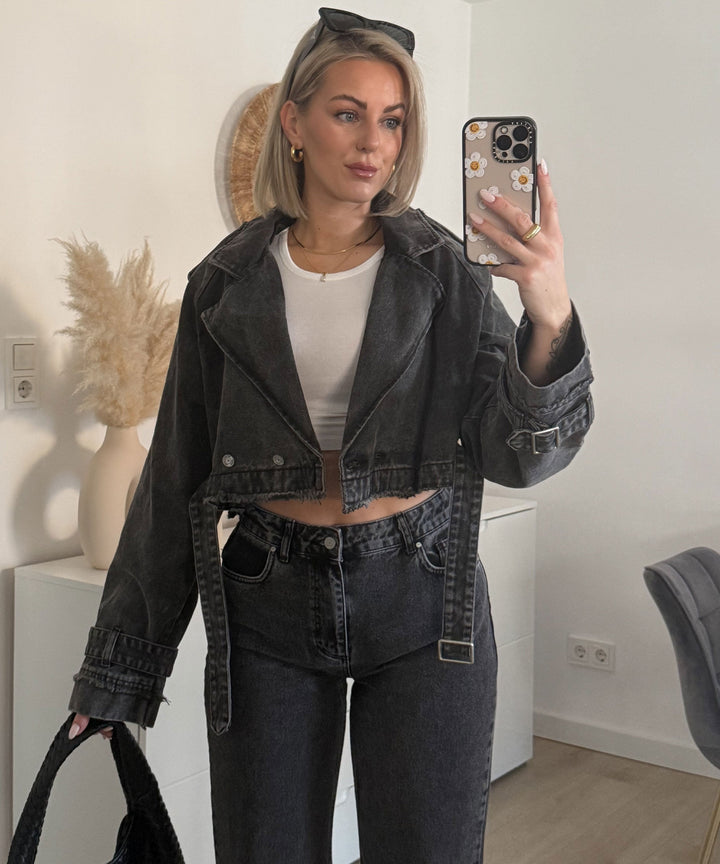Damen Jeansjacke | Kurz geschnittene Trenchjacke aus 100% Baumwolle mit elastischem Bund