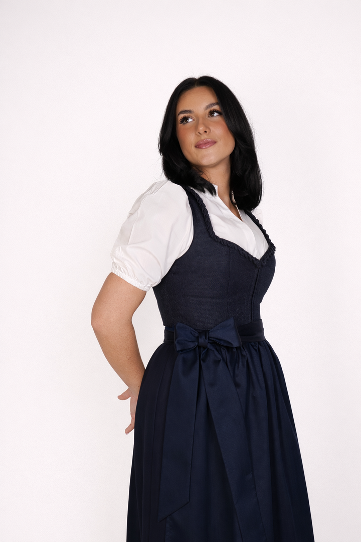 Dirndl Maxi Damen | Langes Trachtenkleid mit Strukturstoff, gemusterter Schürze und 75 cm Rocklänge für Oktoberfest
