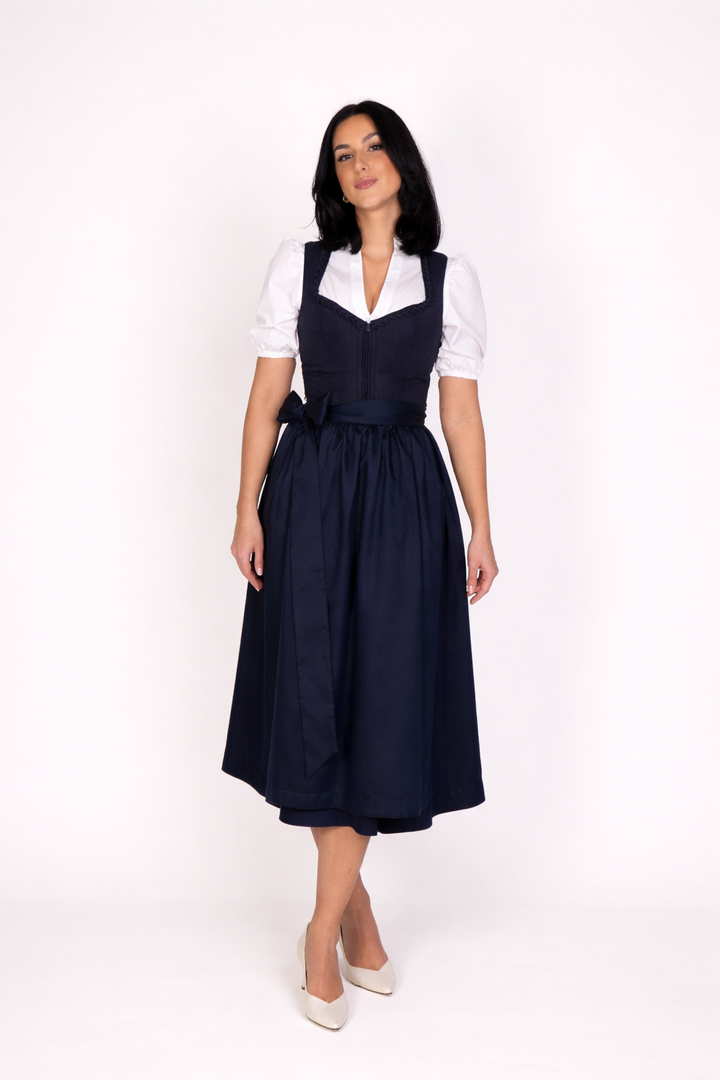 Dirndl Maxi Damen | Langes Trachtenkleid mit Strukturstoff, gemusterter Schürze und 75 cm Rocklänge für Oktoberfest