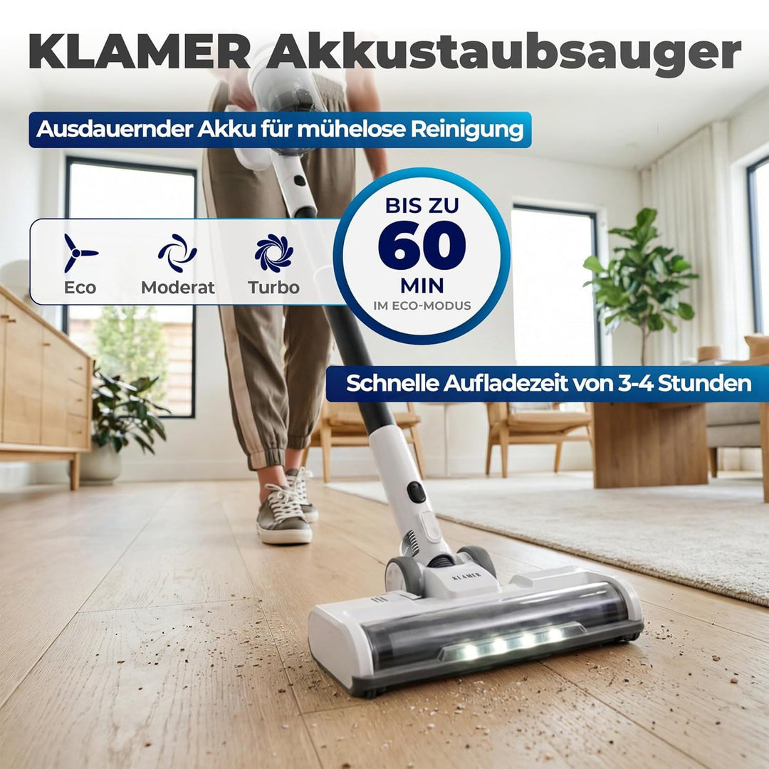 Akkustaubsauger 460 Watt | Kabelloser 2-in-1 Stielstaubsauger mit LED-Bodendüse und bis zu 60 Minuten Laufzeit