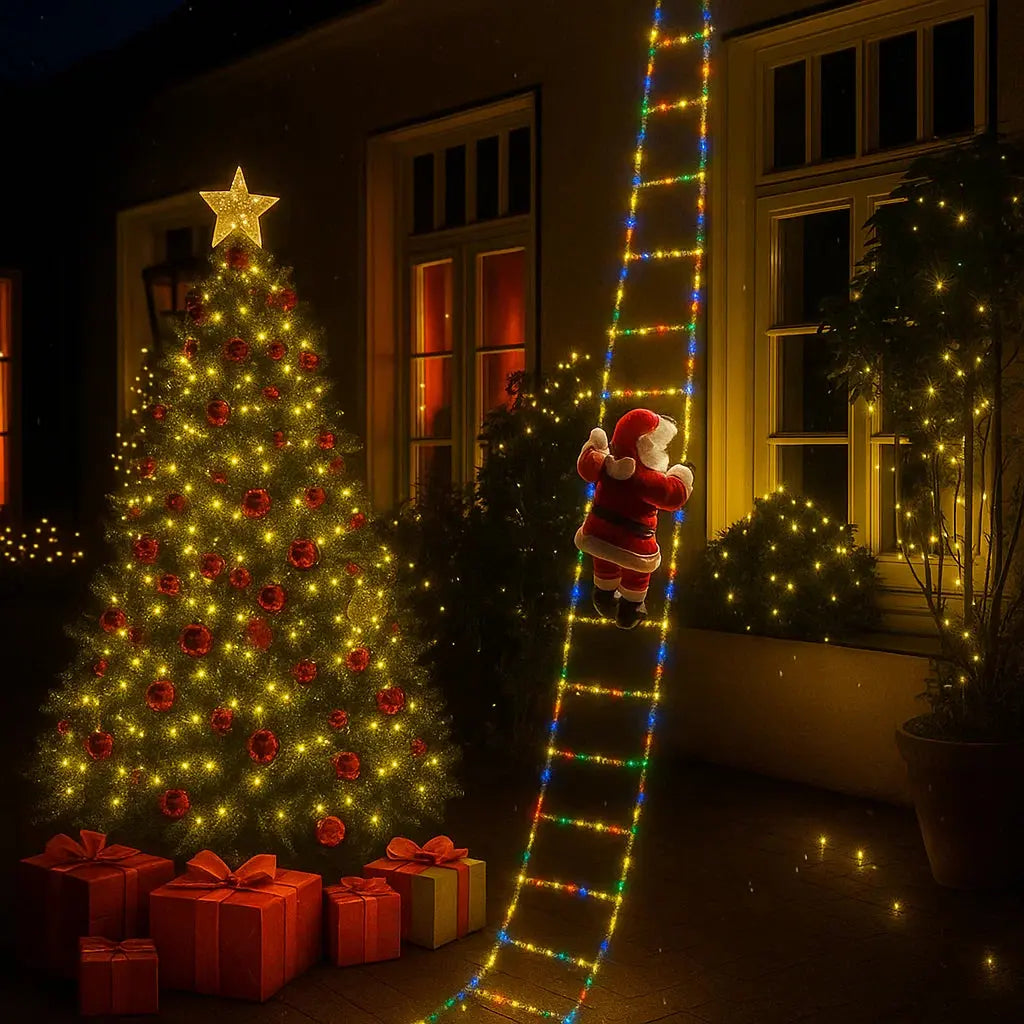 Kletternder Weihnachtsmann mit LED-Leiter | Beleuchtete Weihnachtsdekoration mit 2,5 m langer Leiter für Balkon, Fenster und Fassade