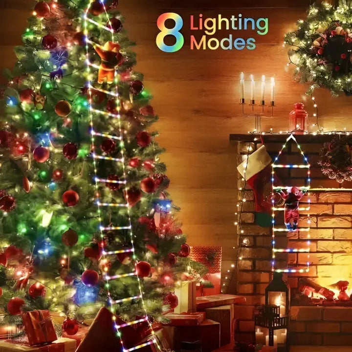 Kletternder Weihnachtsmann mit LED-Leiter | Beleuchtete Weihnachtsdekoration mit 2,5 m langer Leiter für Balkon, Fenster und Fassade