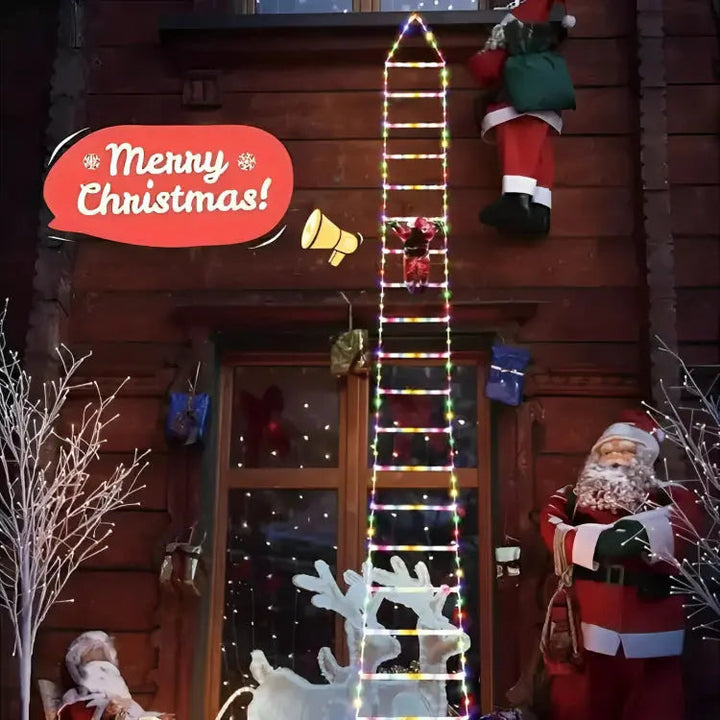 Kletternder Weihnachtsmann mit LED-Leiter | Beleuchtete Weihnachtsdekoration mit 2,5 m langer Leiter für Balkon, Fenster und Fassade
