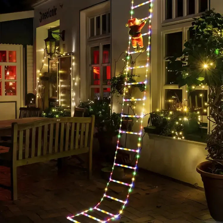 Kletternder Weihnachtsmann mit LED-Leiter | Beleuchtete Weihnachtsdekoration mit 2,5 m langer Leiter für Balkon, Fenster und Fassade