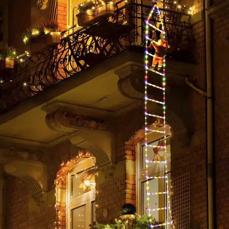 Kletternder Weihnachtsmann mit LED-Leiter | Beleuchtete Weihnachtsdekoration mit 2,5 m langer Leiter für Balkon, Fenster und Fassade